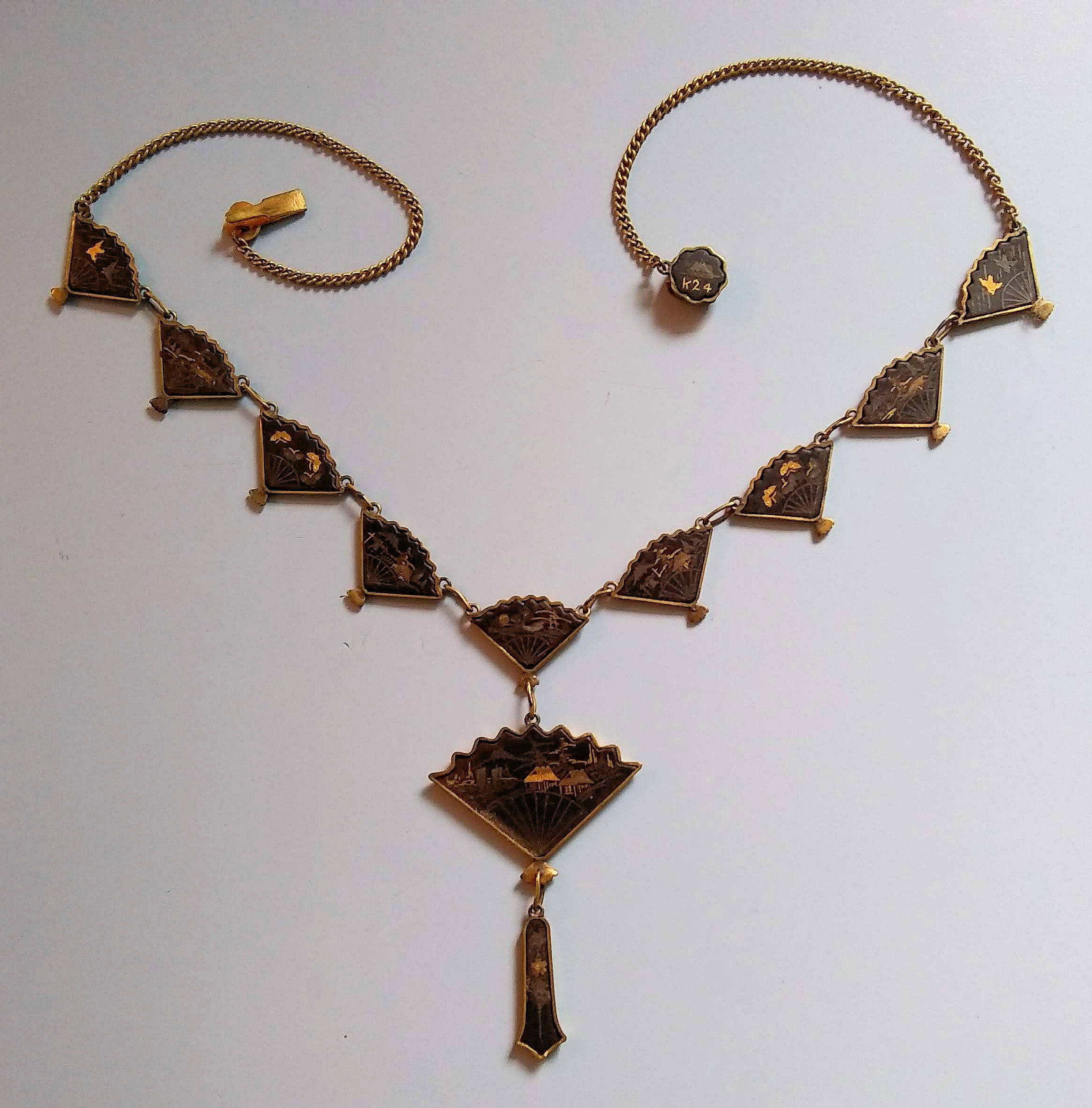 Damascene Kyoto Pendant Necklace 1950s Pendant 24K Gold Inlay Japanese Damascene Pendant