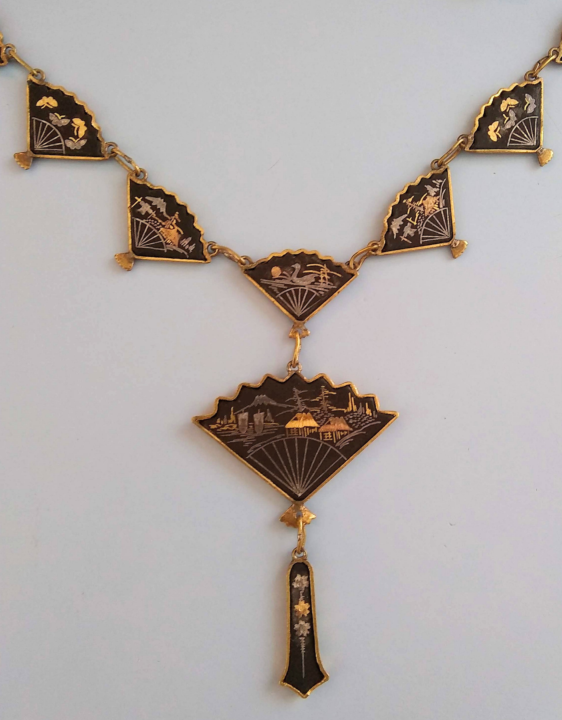 Damascene Kyoto Pendant Necklace 1950s Pendant 24K Gold Inlay Japanese Damascene Pendant